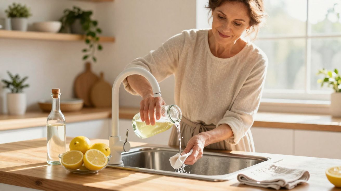 Mulher despejando líquido sobre uma esponja na pia de cozinha iluminada com limões à esquerda.