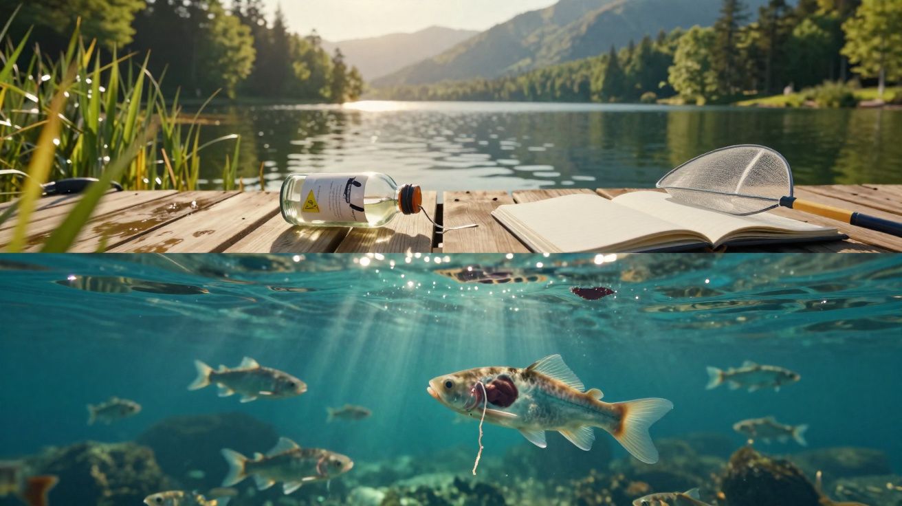 Lago com peixes nadando, sol iluminando, e um deque com garrafa, caderno e rede de pesca.