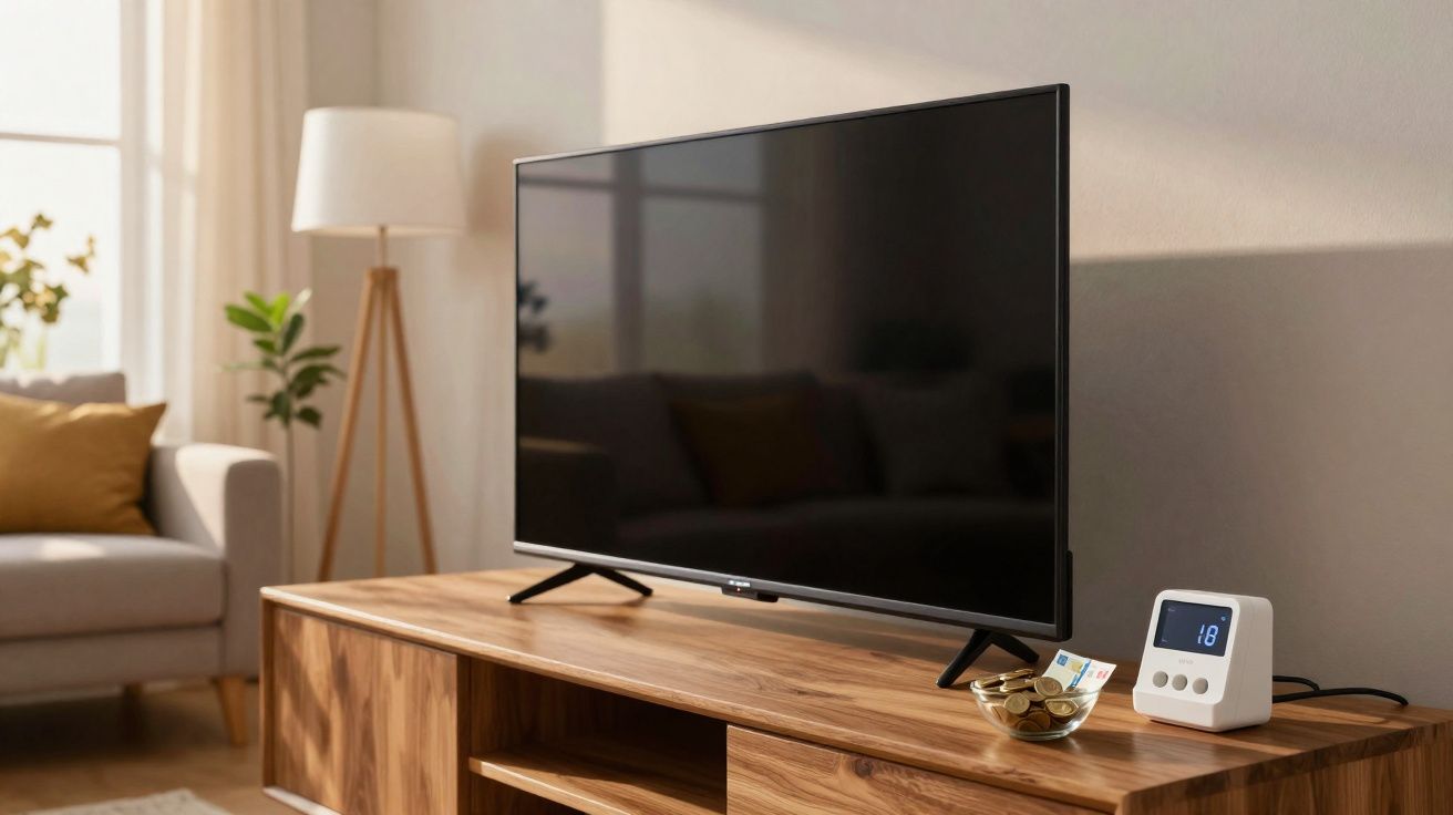 Sala de estar com televisão em rack de madeira, vaso com moedas e aparelho eletrônico branco ao lado.