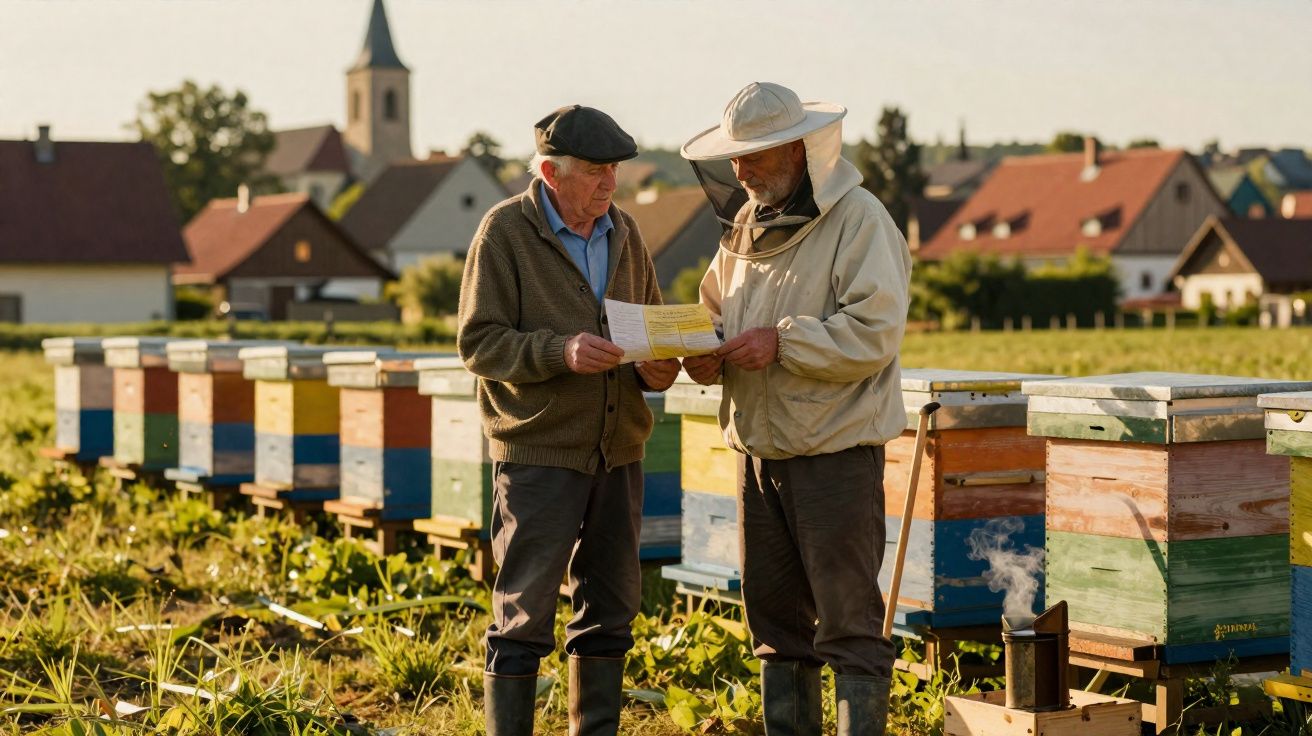 Dois homens conversando em uma colmeia ao ar livre com casas e igreja ao fundo em dia ensolarado.