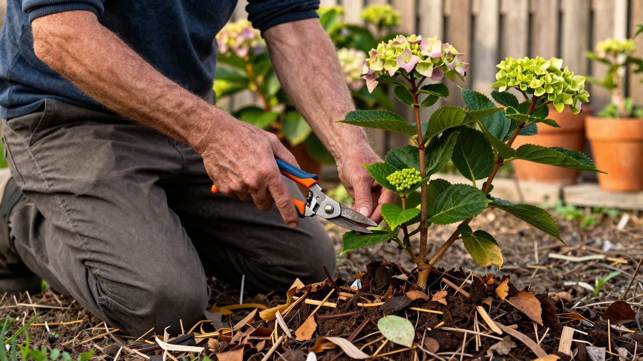 Pessoa aparando planta florida em jardim usando tesoura de poda.