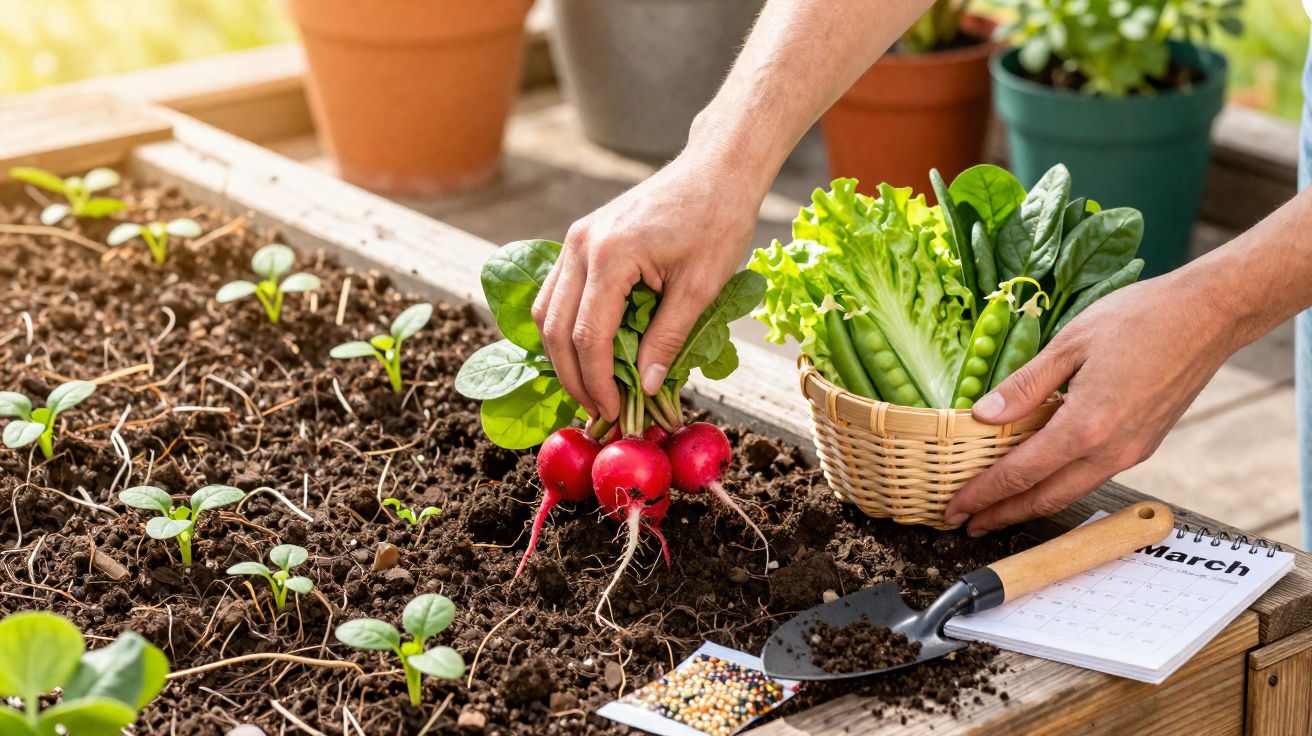 Pessoa colhendo rabanetes em jardim suspenso com cesta de verduras, sementes, pá e calendário de março ao redor.