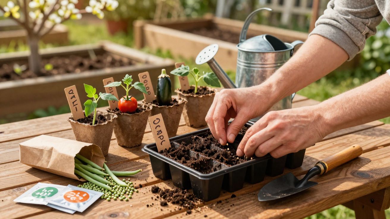 Mãos plantando sementes em bandeja com mudas, ao lado de regador, sementeira, ferramentas e mudas em vasos.