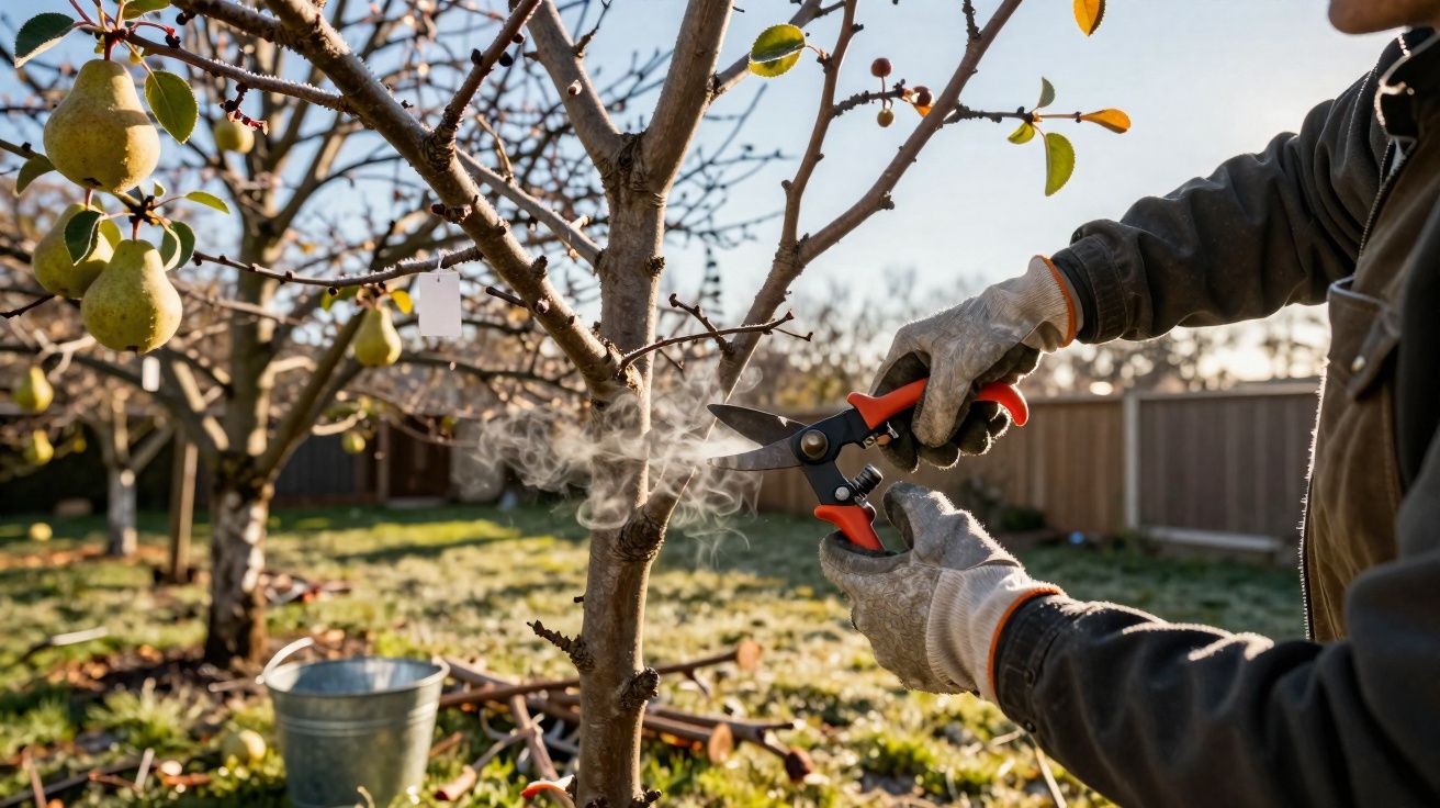 Pessoa podando galho de árvore de pera com tesoura de poda em jardim ensolarado.