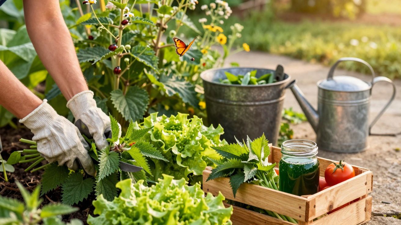 Pessoa colhendo urtigas em horta caseira com alfaces, regador, balde, tomate e jarra de suco verde.