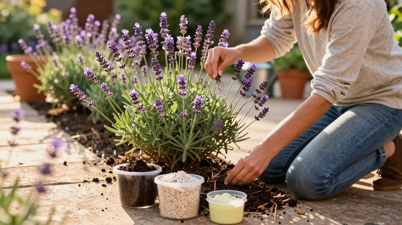 Pessoa cuidando de planta de lavanda em jardim com potes de terra e adubo ao redor.