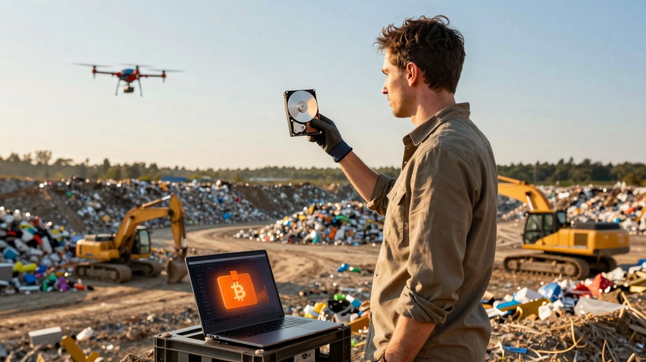 Homem segura disco rígido perto de laptop com símbolo de bitcoin em aterro sanitário com drone e máquinas.