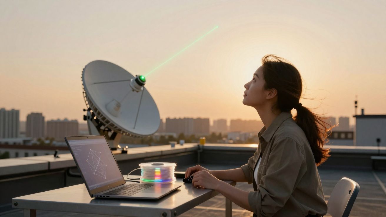 Mulher observa satélite com laser em antena parabólica, usando laptop em mesa ao pôr do sol.