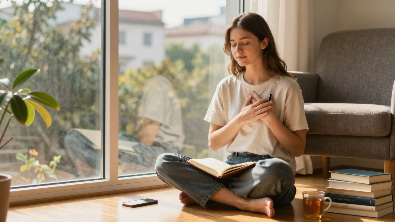 Mulher sentada no chão junto à janela, com livro aberto no colo e mãos no coração, em momento de meditação.