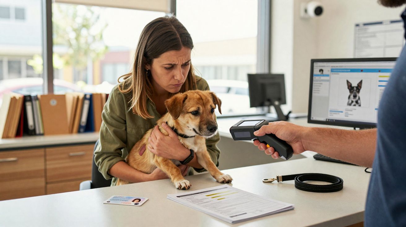 Mulher segurando cachorro em clínica veterinária enquanto atendente escaneia coleira na mesa.
