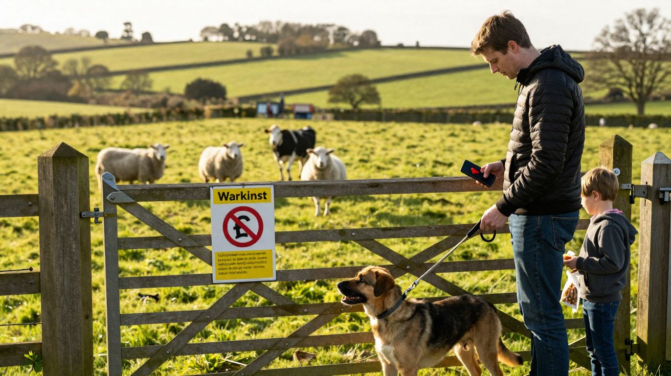 Homem e menino com cachorro na coleira observam ovelhas atrás de cerca em campo verde.