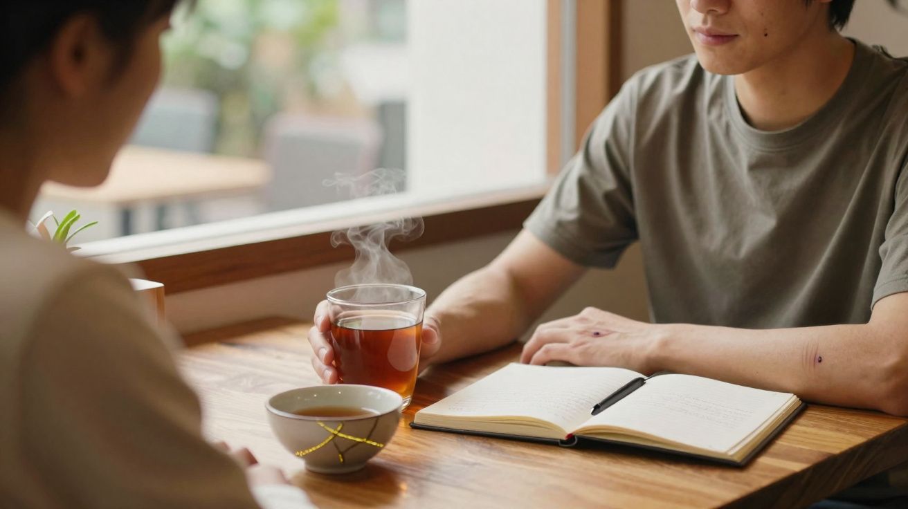 Duas pessoas sentadas à mesa com chá quente, um caderno aberto e uma caneta sobre a madeira.