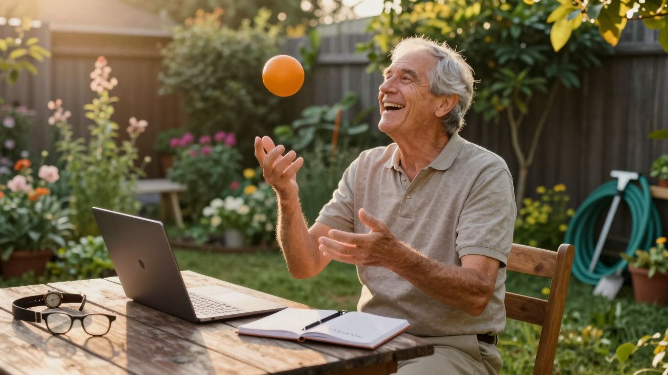 Homem idoso sorrindo e brincando com laranja ao lado de notebook em mesa de jardim ensolarado.