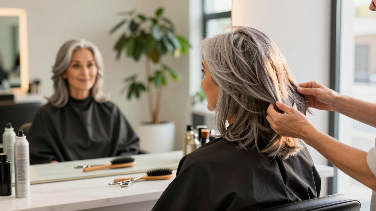 Mulher madura com cabelos grisalhos sendo atendida por cabeleireiro em salão, sentada em frente a espelho.
