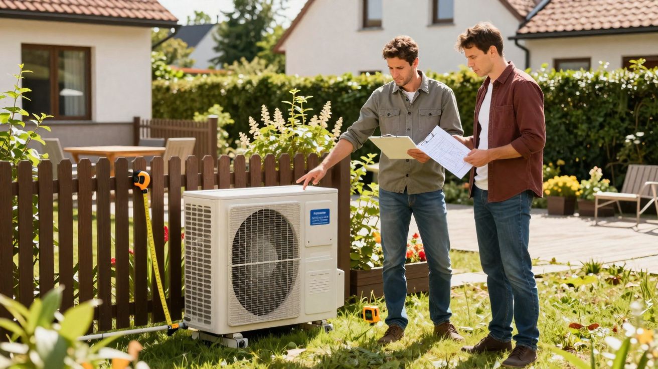 Dois homens inspecionam uma unidade externa de ar condicionado em um jardim residencial.