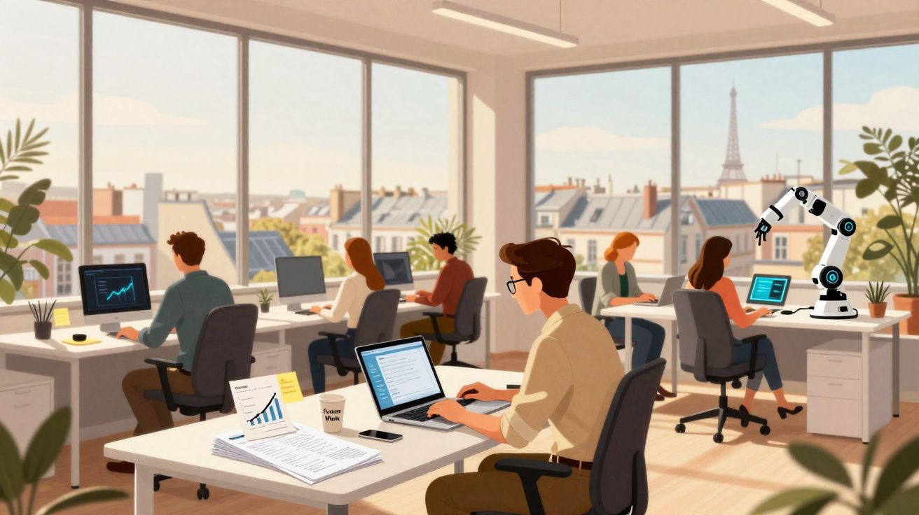 Escritório moderno com pessoas trabalhando em computadores e vista da Torre Eiffel ao fundo.