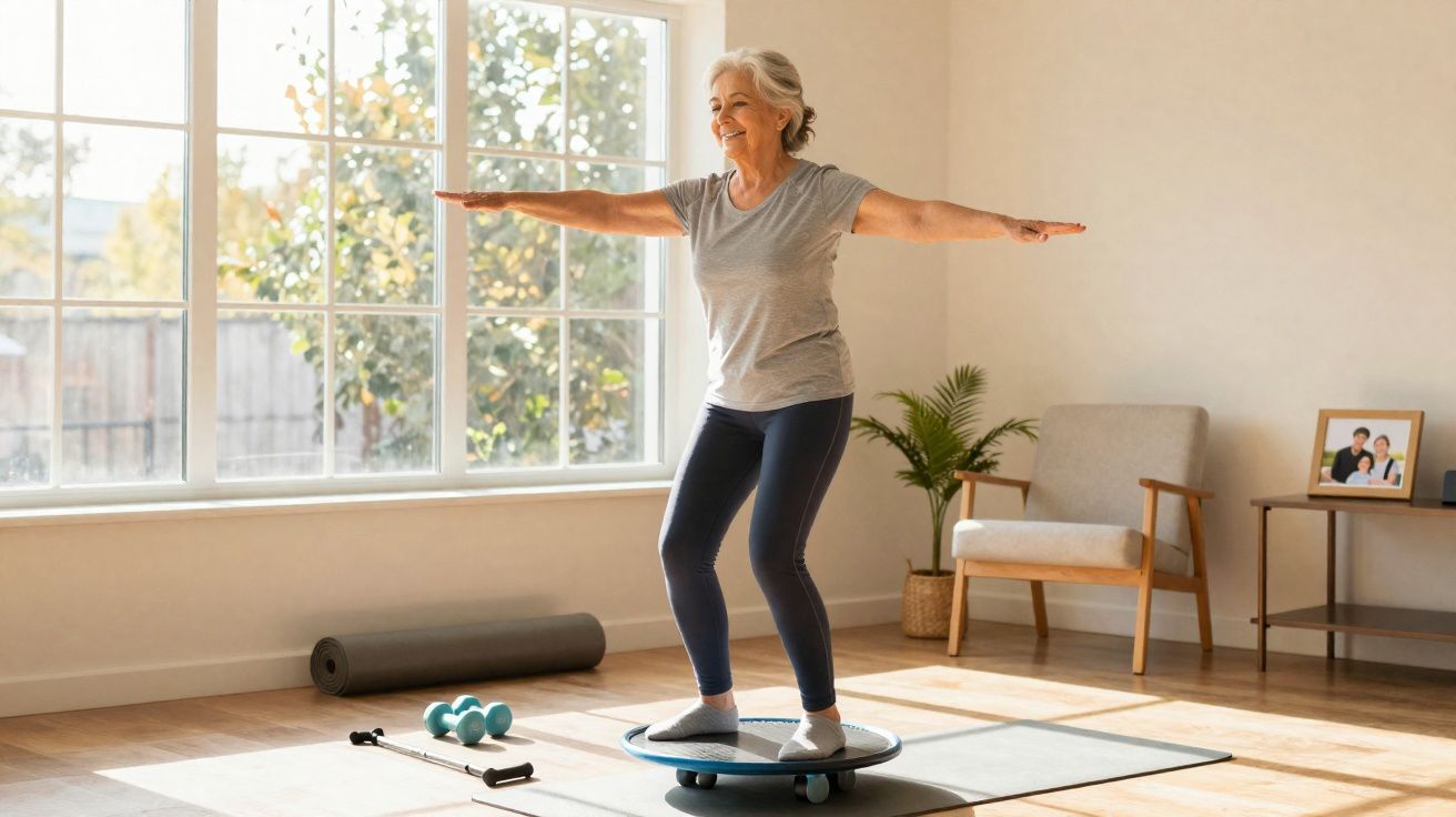 Mulher idosa fazendo equilíbrio em disco de exercícios em sala iluminada com janela grande.