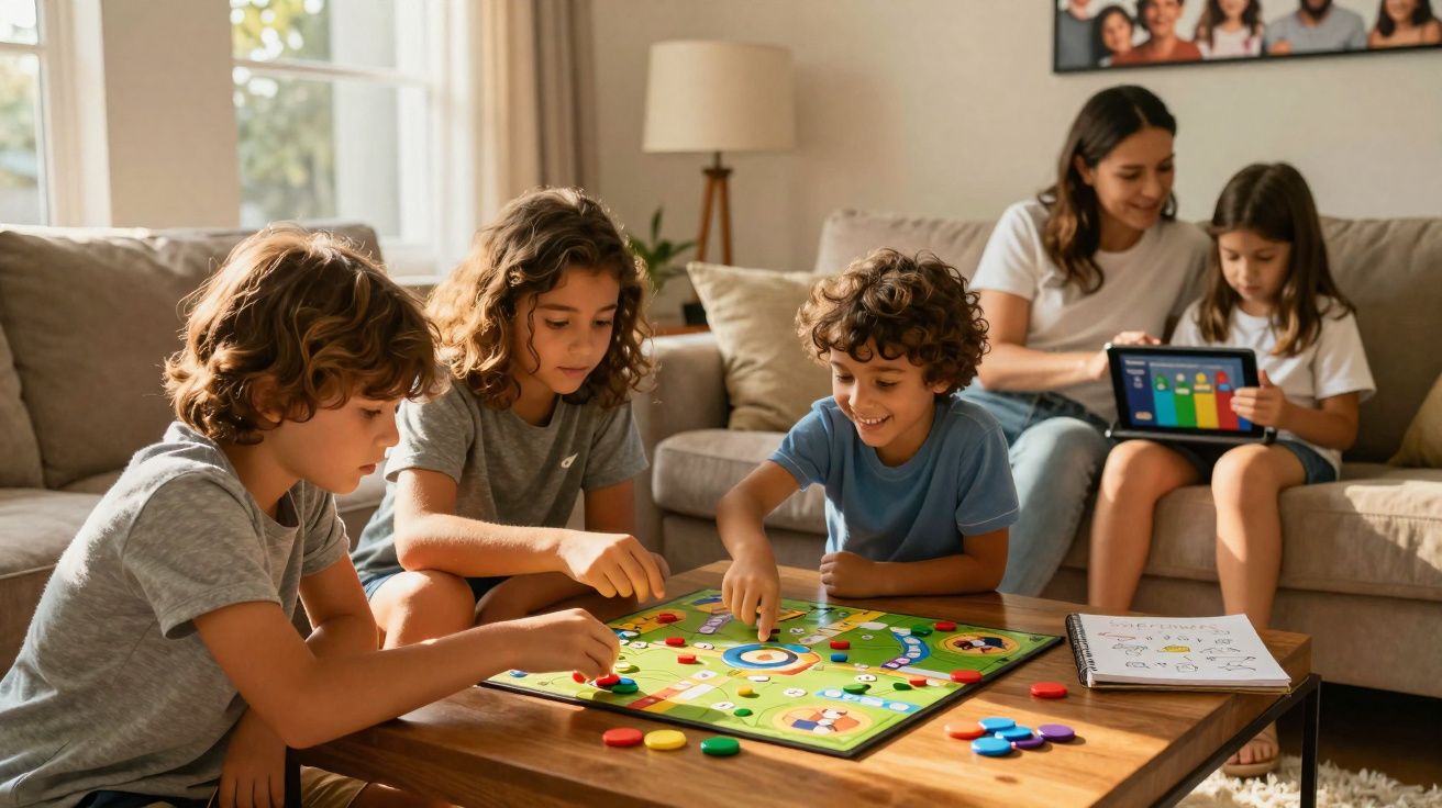 Crianças jogando jogo de tabuleiro em sala iluminada, enquanto mulher e menina usam tablet no sofá ao fundo.