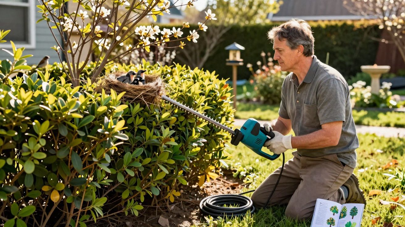 Homem de joelhos no jardim cercado por arbustos e flores, usando aparador de cerca para não afastar ninho de pássaros.
