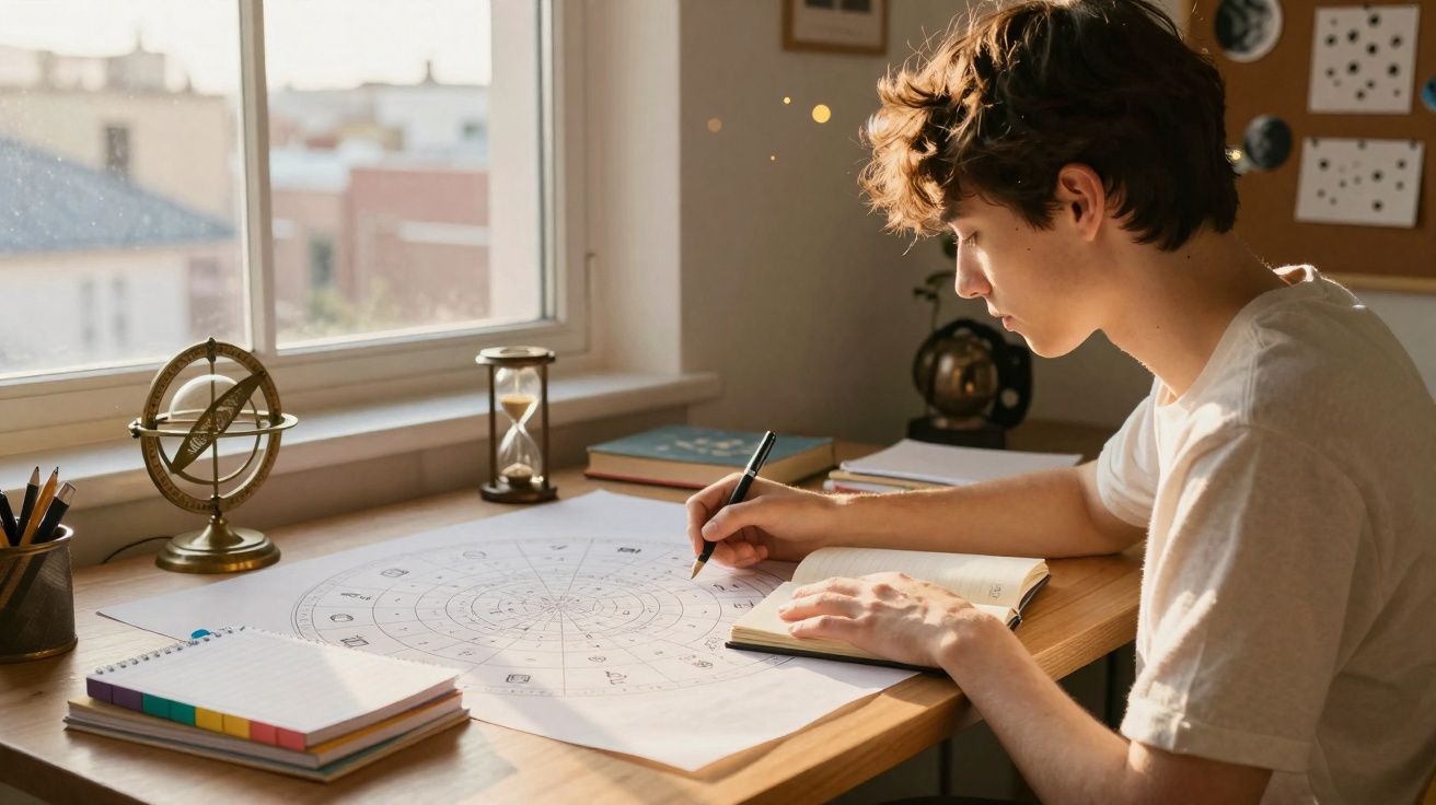 Jovem estudando mapas e escrevendo em caderno em mesa com luz natural próxima à janela.