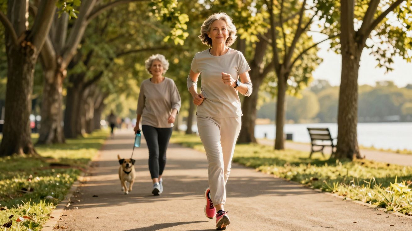 Duas mulheres maduras se exercitando em parque arborizado, uma correndo e outra caminhando com cachorro.