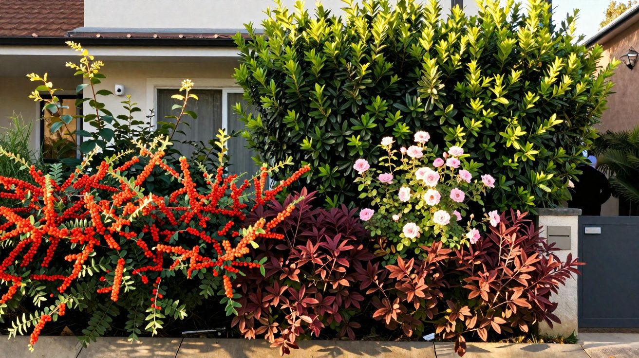 Jardim com arbustos verdes, flores brancas com tom rosa e plantas com frutos vermelhos em frente a uma casa.