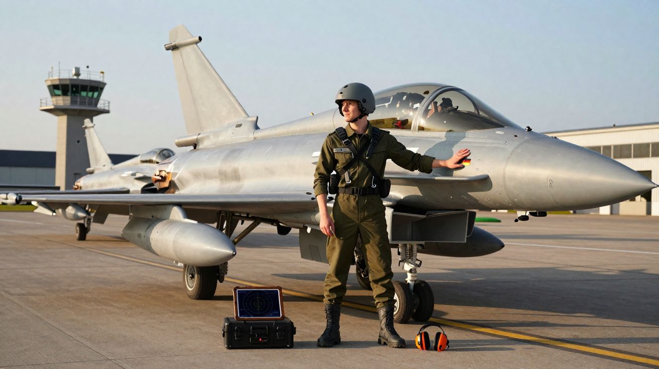 Piloto militar com capacete encostado em caça moderno no pátio de um aeroporto, torre ao fundo.