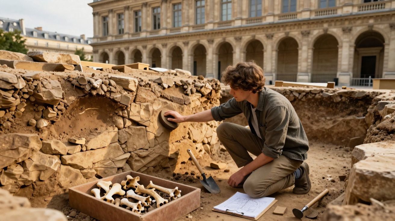 Jovem arqueólogo limpando ossos fósseis em sítio escavado com edifício histórico ao fundo.