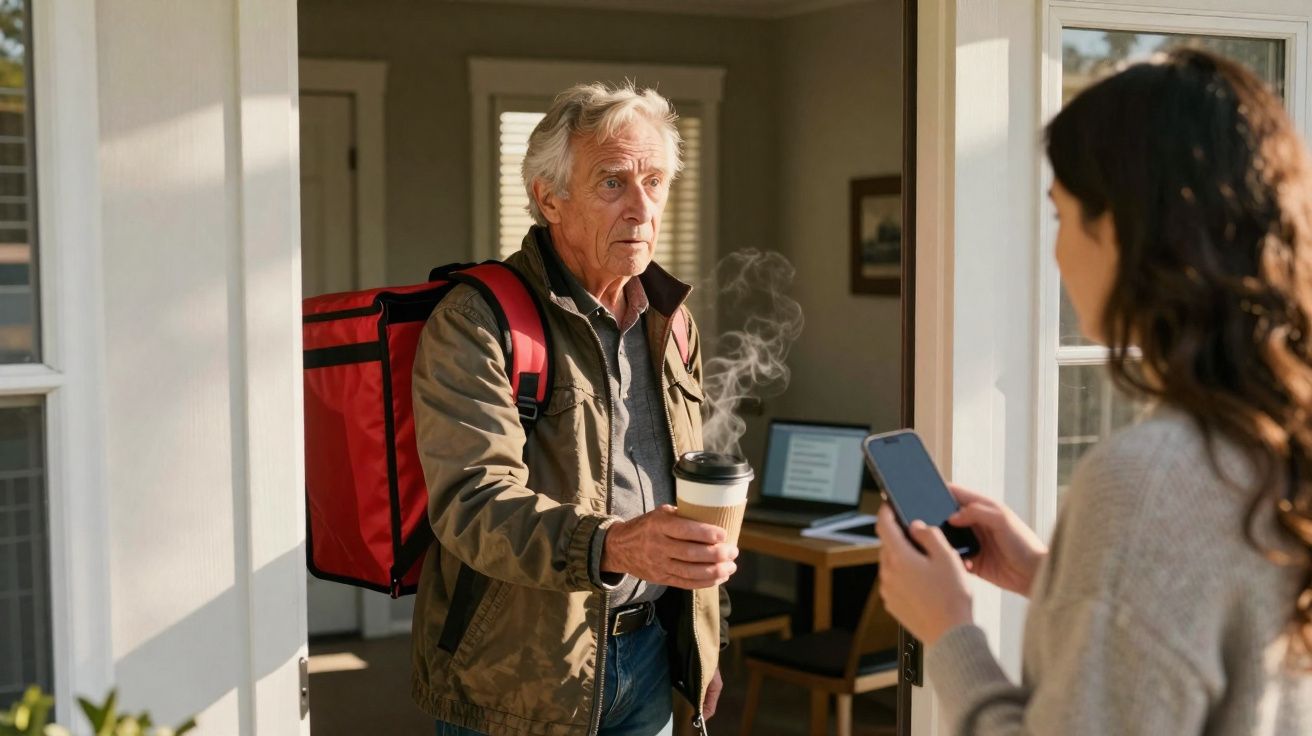 Homem idoso com mochila vermelha de entregador entrega café quente para mulher que usa celular na porta.