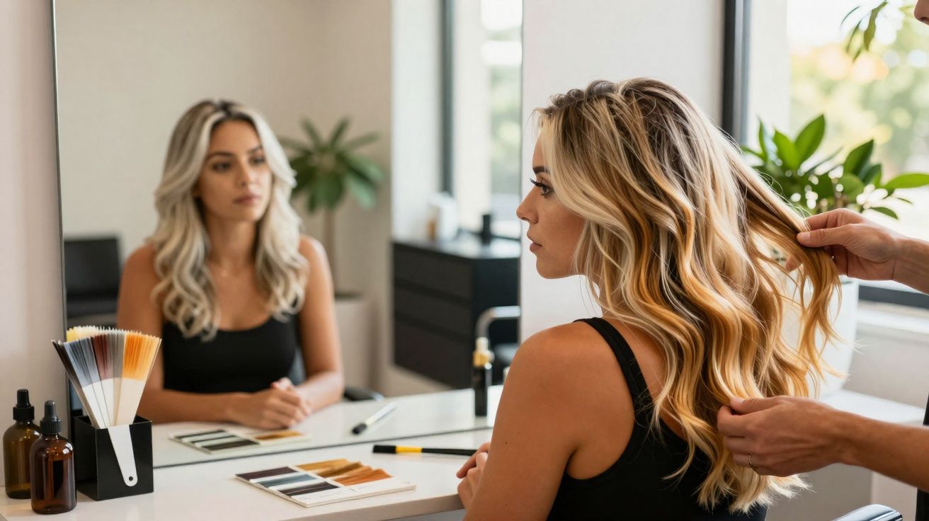Mulher loira com cabelo ondulado sentada em salão de beleza, sendo penteada diante de um espelho.