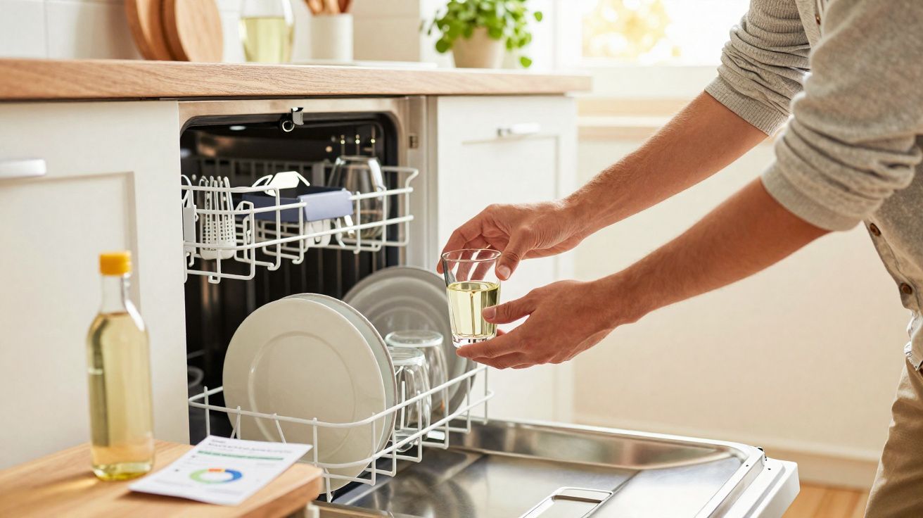 Pessoa colocando copo em lava-louças aberta na cozinha iluminada, com pratos e vidro no interior.