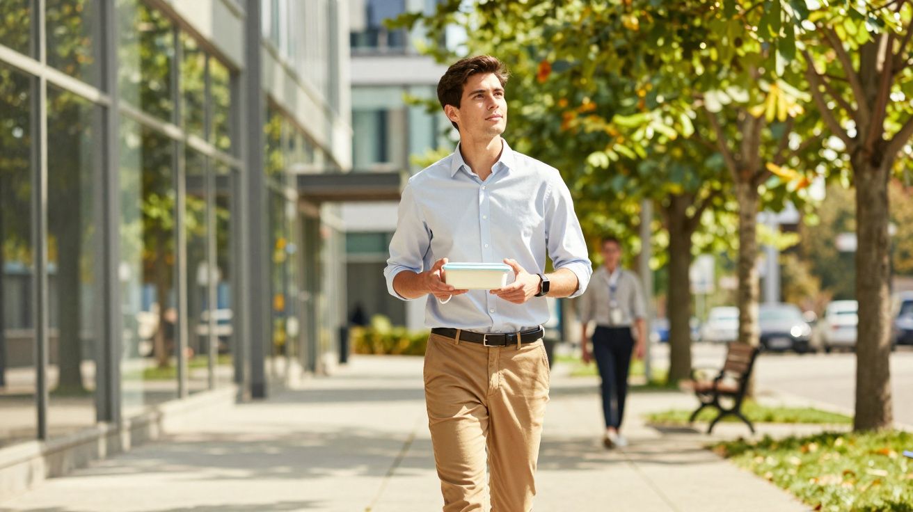 Homem caminhando na calçada de área urbana segurando marmita em dia ensolarado.
