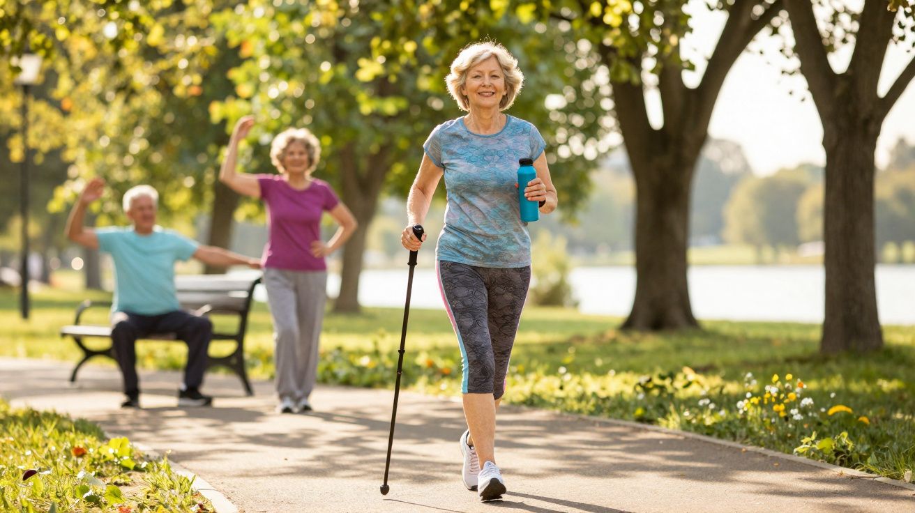 Idosa caminhando com bastão e garrafa em parque ensolarado, com duas pessoas idosas ao fundo.
