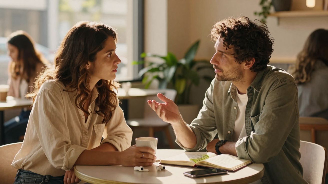 Homem e mulher conversam atentos sentados em mesa redonda de cafeteria iluminada.