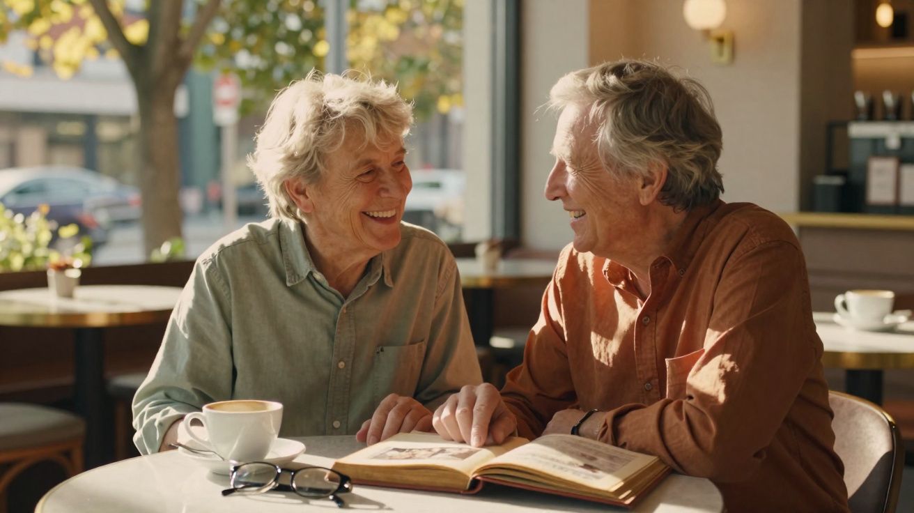 Casal idoso sorrindo e lendo livro juntos em cafeteria iluminada pela luz do dia.