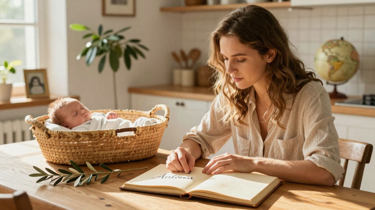 Mulher sentada à mesa lendo livro enquanto bebê dorme em berço de vime ao lado em ambiente iluminado.