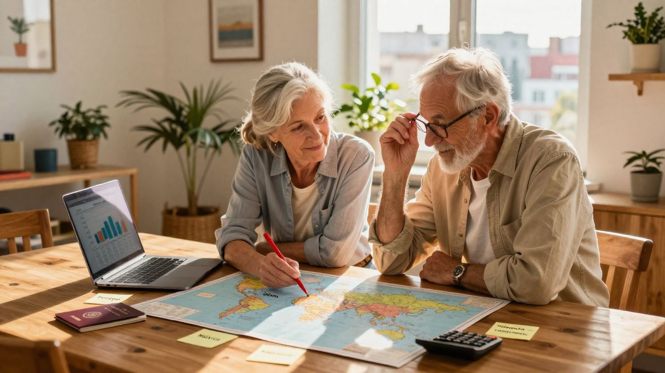 Casal de idosos planejando viagem, analisando mapa e gráfico em laptop na mesa da sala.