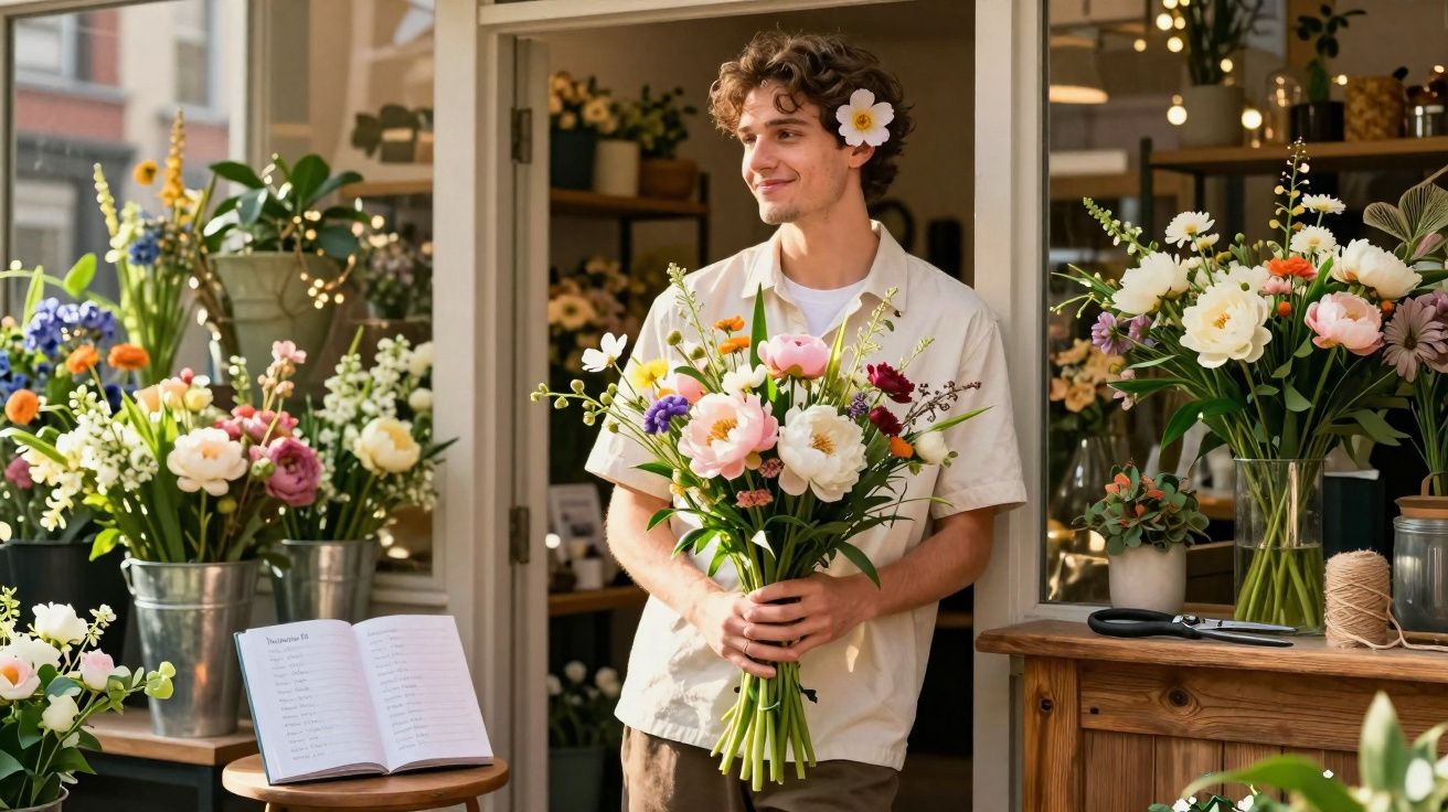 Homem sorridente com flor no cabelo segurando buquê colorido em loja de flores decorada.