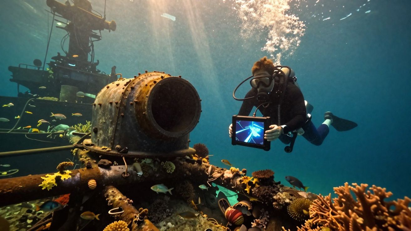 Mergulhador com tablet explora naufrágio coberto por corais e peixes coloridos no fundo do mar.