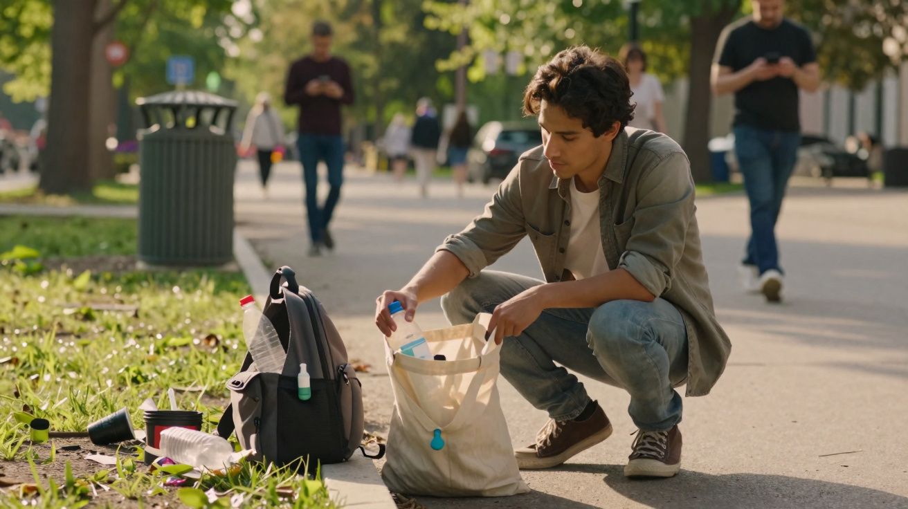 Jovem coleta lixo em sacola reutilizável em área urbana, ao lado de mochila, promovendo limpeza ambiental.