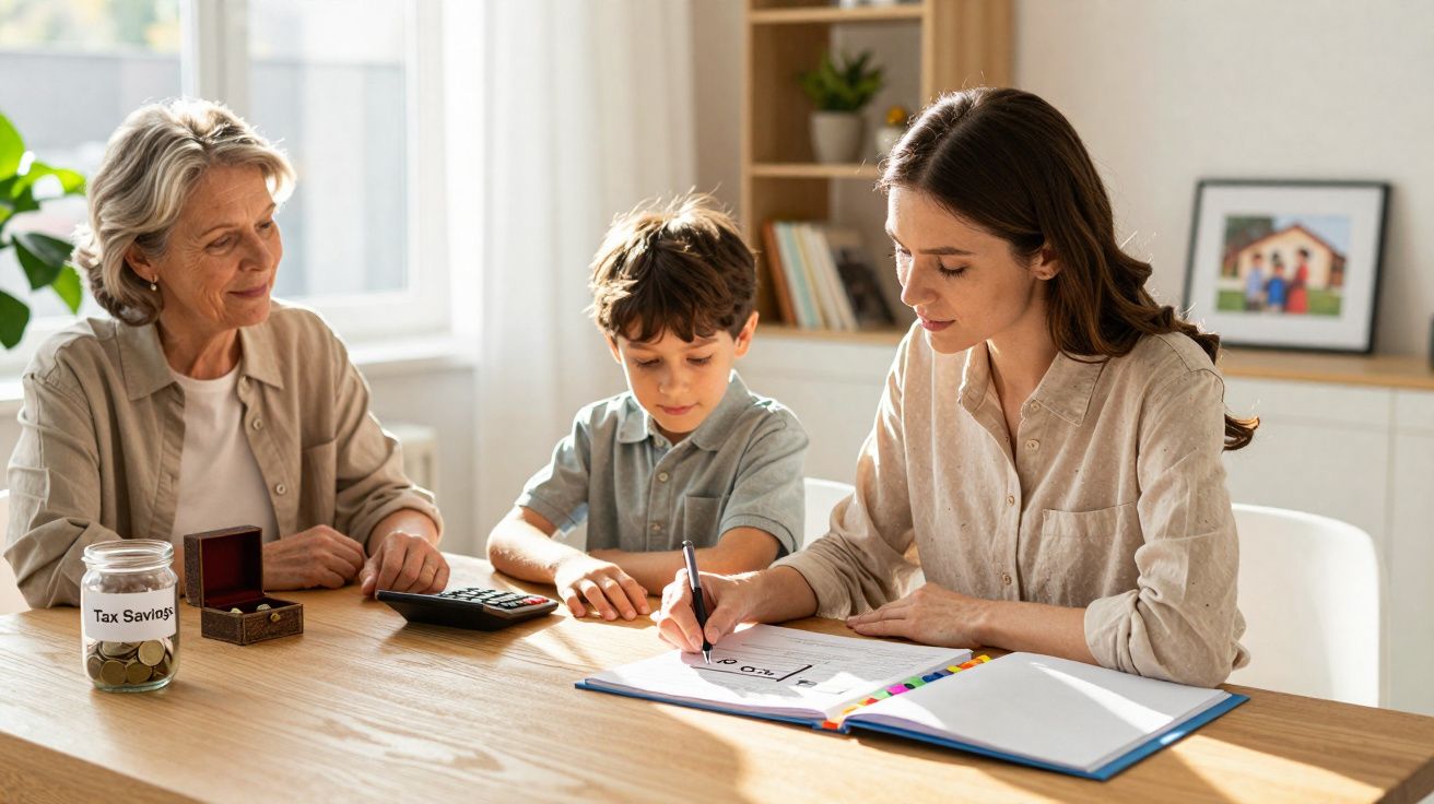 Três gerações em uma mesa, mulher jovem escrevendo, menino observando e idosa sorrindo com cofrinho de moedas.