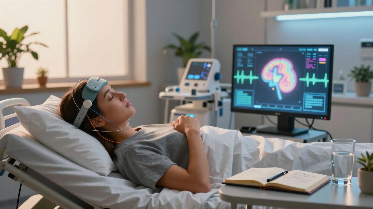 Paciente deitada em cama hospitalar com equipamento de monitoramento cerebral conectado à cabeça.