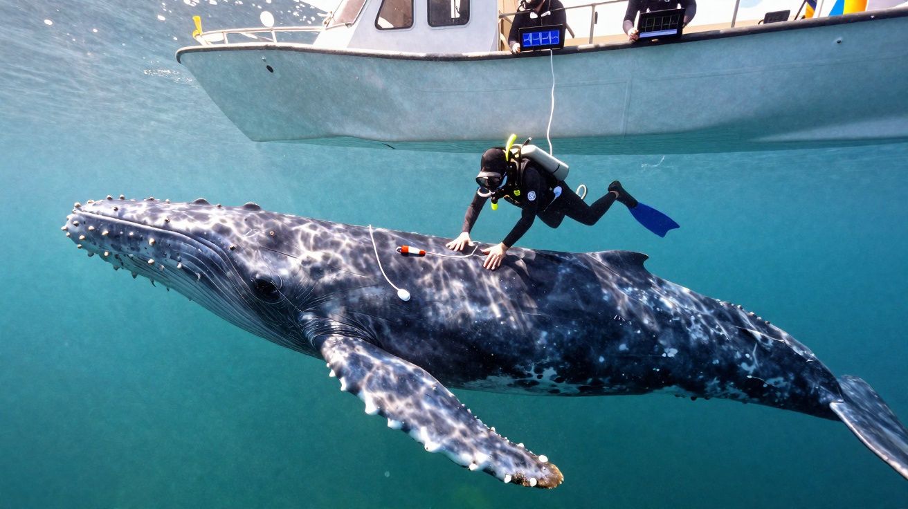 Mergulhador estudando e tocando uma baleia azul próxima a um barco em mar calmo.