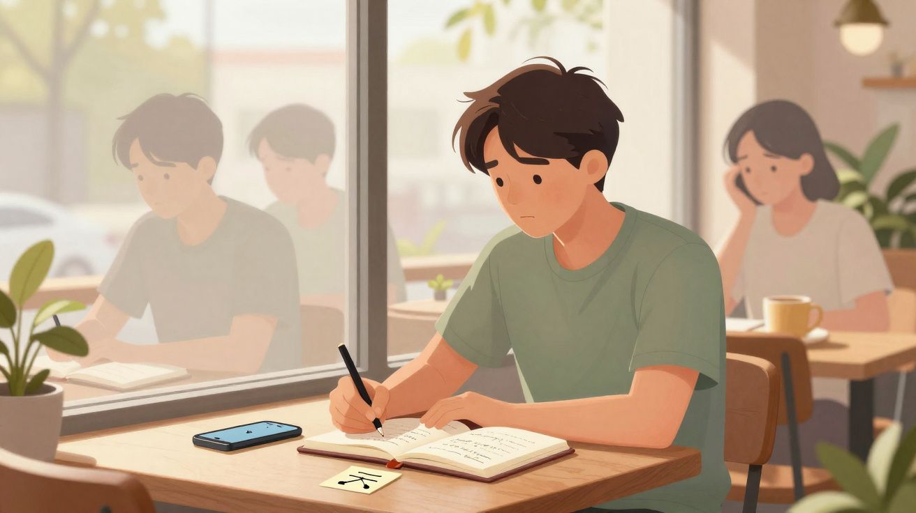 Jovem concentrado escrevendo em caderno sentado à mesa de cafeteria com celular e outra pessoa ao fundo.