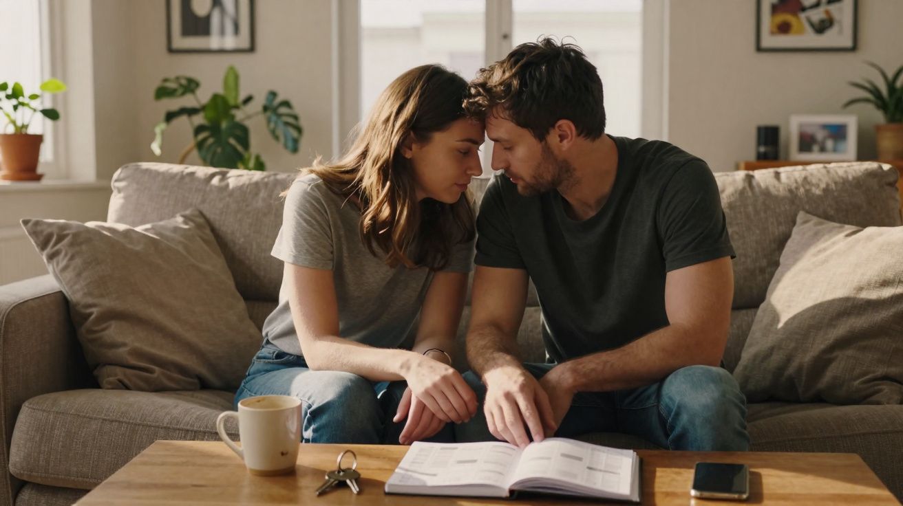 Casal sentado no sofá lendo um livro aberto em uma sala aconchegante durante o dia.