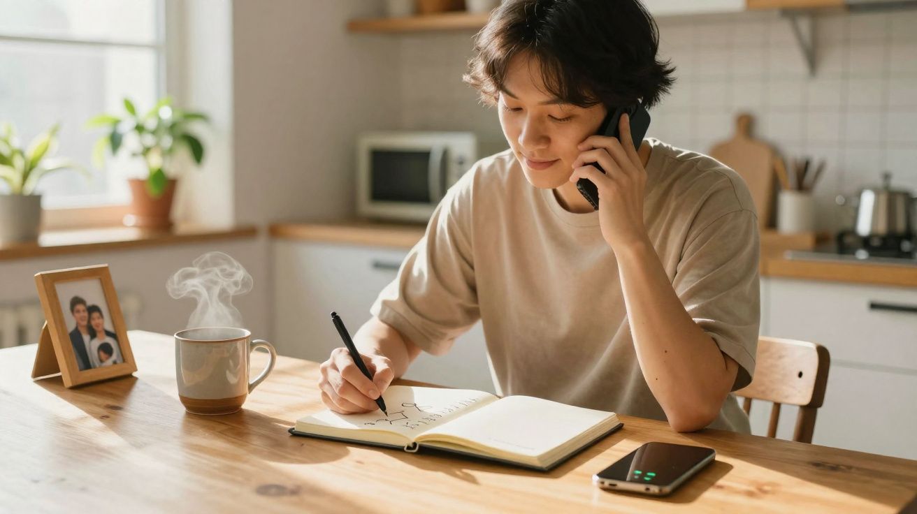 Pessoa jovem fala ao telefone e escreve em caderno em mesa de cozinha com xícara de café fumegante.