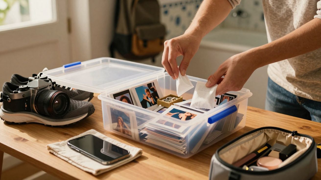 Pessoa organizando fotos impressas em caixa plástica sobre mesa com câmera, tênis, celular e nécessaire.