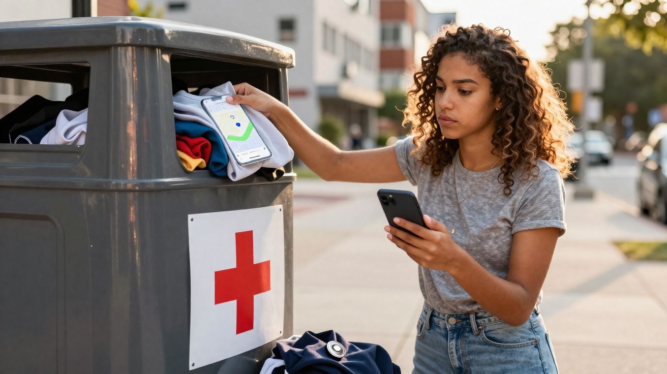 Mulher jovem doando roupas em banco de coleta com símbolo da cruz vermelha na rua ao entardecer.