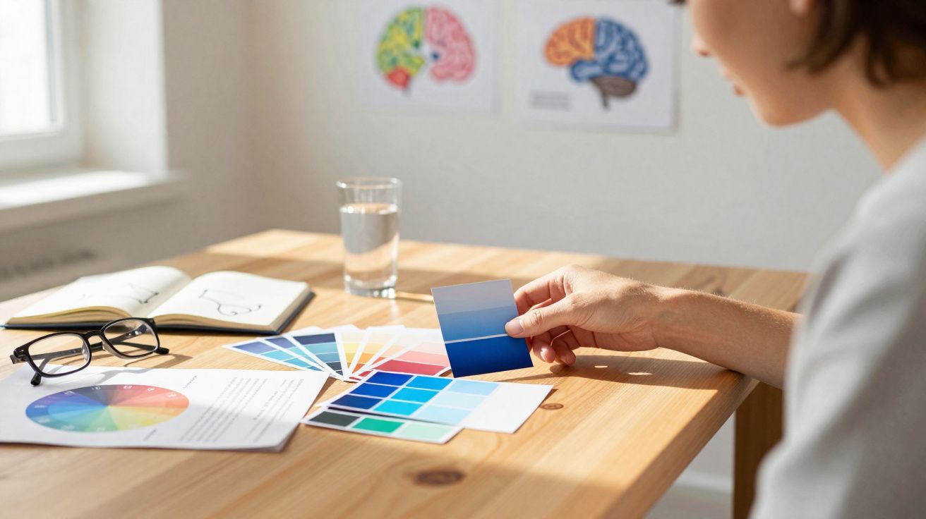 Pessoa escolhendo amostra de cor azul em paleta, mesa com óculos, copo d'água e cadernos ao fundo.