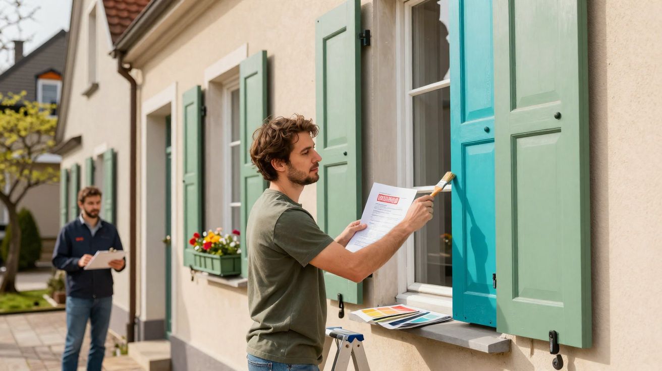 Homem pintando a janela azul de uma casa enquanto outro homem verifica o serviço em um caderno.